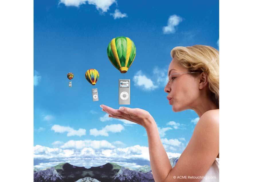 Photo retouching of model launching miniature hot air baloons carrying iPods.